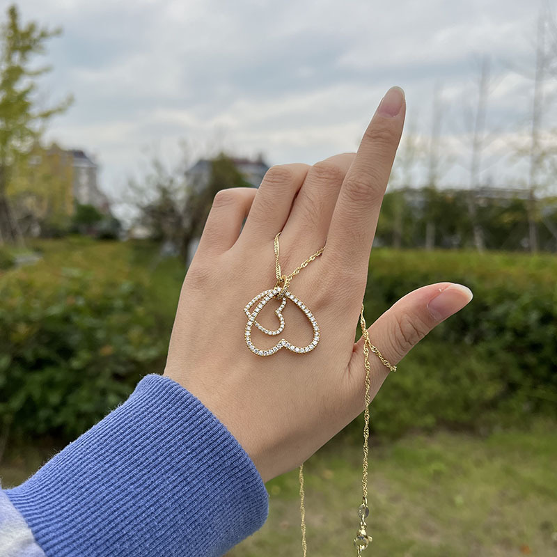 new double love inlaid zirconium pendant fashion heart-shaped necklace