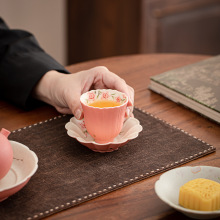 手绘桃粉洒金葵花杯主人杯杯垫陶瓷茶杯品茗杯功夫茶具喝茶具套装