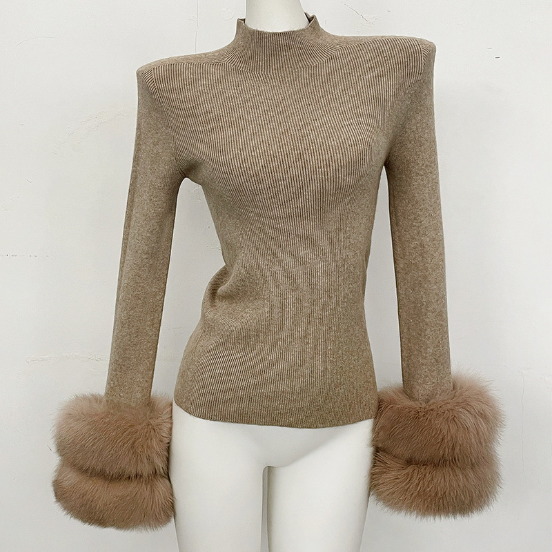 Women's Autumn and Winter Knit Sweater, Half-Turtleneck Knit Base Sweater with Real Fox Fur Cuffs, Slim Fit and Flattering Women's Autumn and Winter Knit Sweater, Half-Turtleneck Knit Base Sweater with Real Fox Fur Cuffs, Slim Fit and Flattering