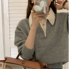 撞色气质小众设计感毛衣翻领韩系慵懒温柔风针织打底衫女秋冬内搭