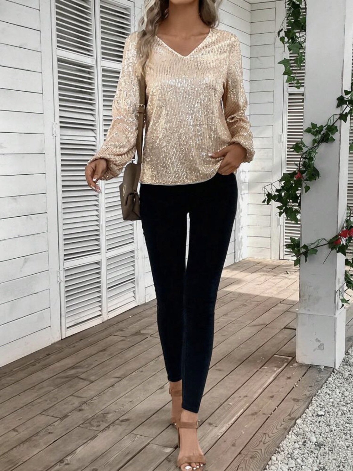 Elegant Women's V-neck Sequin Tunic Top, Long Sleeve Glitter Tee_voghion.com