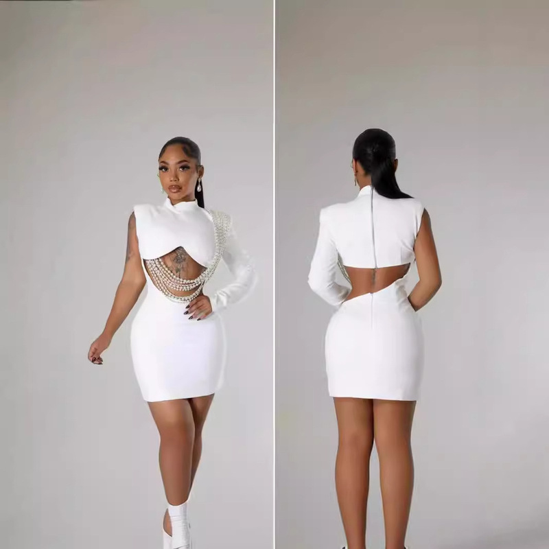 2024 Cross-border Europe and America Amazon Independent Station Sexy Big Pearl Hanging Solid Color Shoulder Slim Fit Hip dress