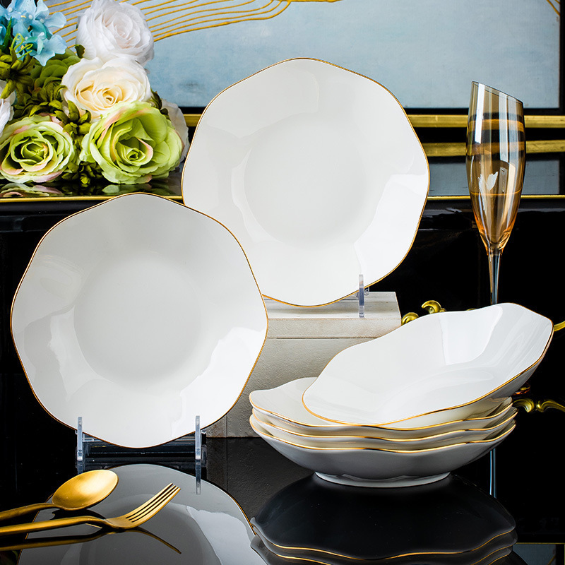 Jingdezhen Ceramic Plate Home Hand-Painted Gold-Rimmed White Diamond Octagonal Lotus Lotus Leaf Bone China Dinner Plate Dish