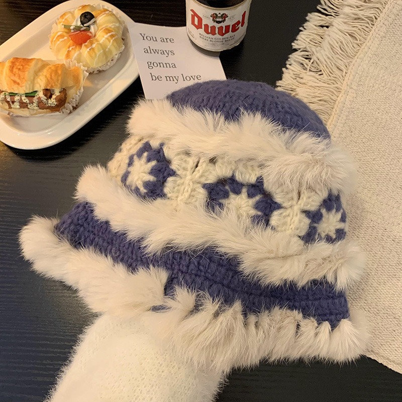 블루 컬러 블록 사자 모자