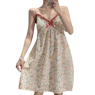 Women's Cute Floral Pure Desire Wind Outer Wear Nightgown Sling Summer Home Clothes New Style Sweet Pure Desire Sleeping with Chest Pad