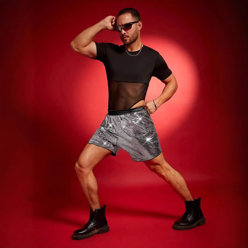 Amazon Cross-Border Foreign Trade European and American Men's Glossy Shorts Men's Fashion Stage Performance Casual Sports Shorts