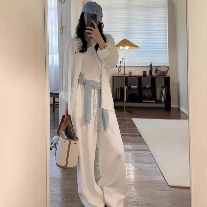 RL现货拉夫小马标刺绣亚麻白色防晒套装休闲衬衣背心长裤三件套