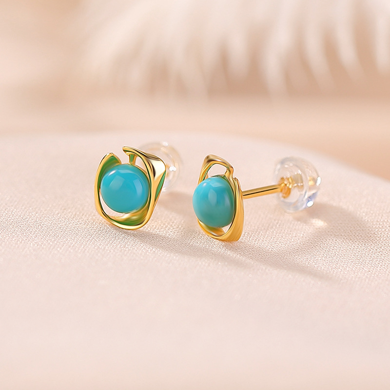 Khuyên tai bạc S925 mạ vàng đính đá turquoise hình học cá tính — Cặp đôi