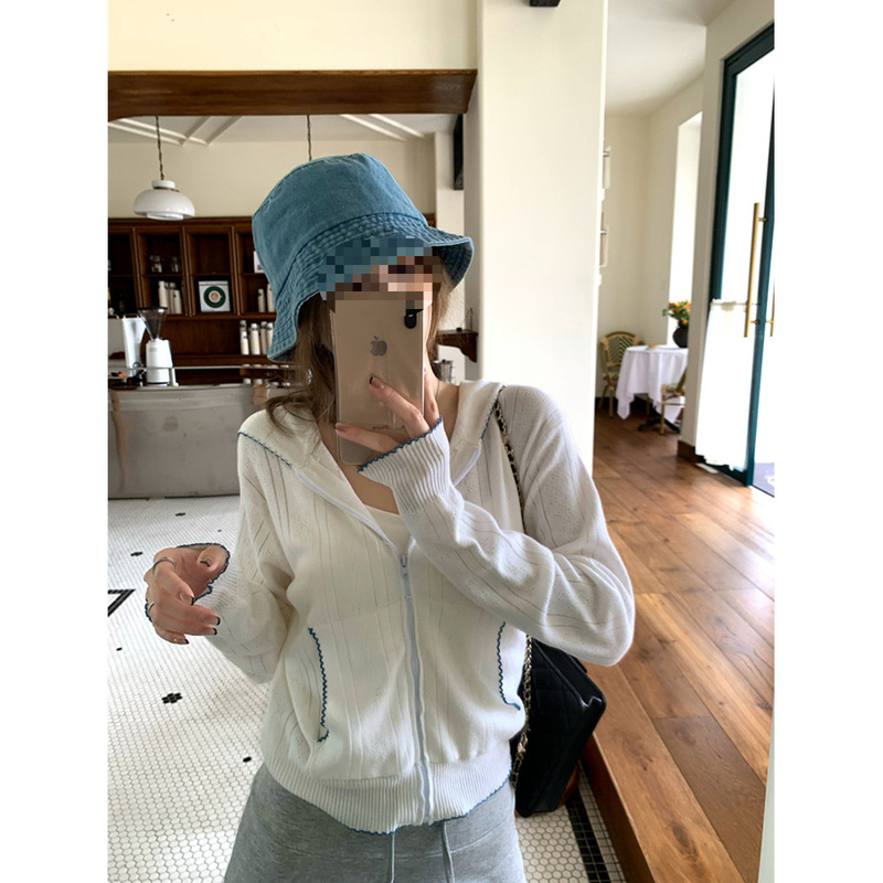 跨境可可里~条纹连帽长袖针织衫外套女秋季新韩系慵懒短开衫衣白|undefined