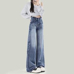 レトロなブルーのゆったりしたワイドパンツは背が高くて小さいです。2025年に新型の婦人服は腰が高くて痩せています。
