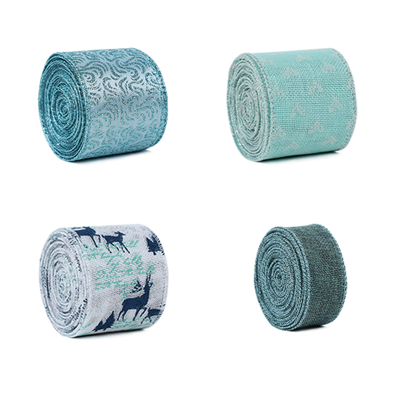 Navidad nuevo 6,3 cm arco azul ELK patrón imitación Lino cinta hierro alambre borde DIY arco cinta