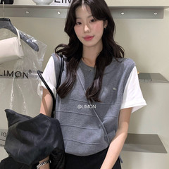 the limon柠檬绿茶2025秋季新款羊毛假两件拼接马甲短袖T恤女上衣