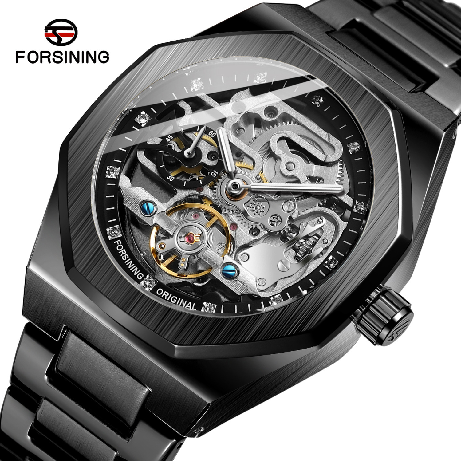 Forsining/fusini hombres casual reloj hueco volante automático reloj mecánico rhinestone hombres