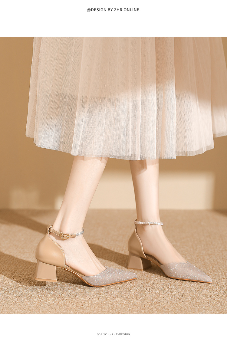 Sandal cao gót nữ mũi nhọn đính đá hở mũi kiểu Pháp — IE91 Hạnh chi tiết 16