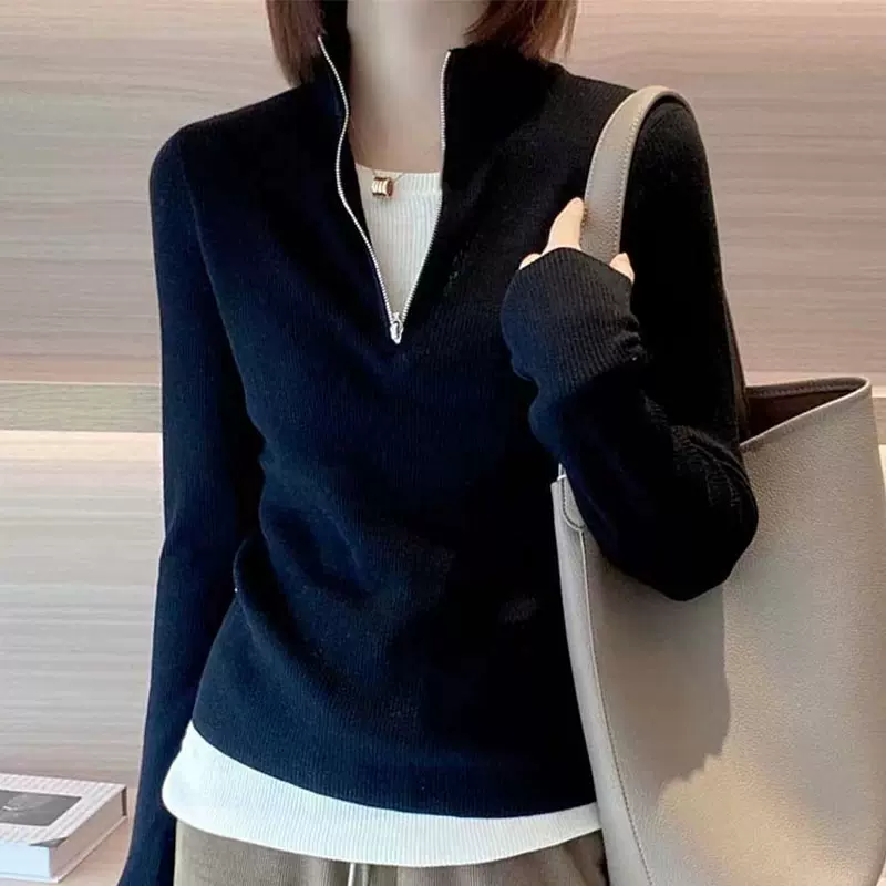 设计感撞色拼接V领假两件长袖T恤女秋季新款修身显瘦内搭毛衣上衣