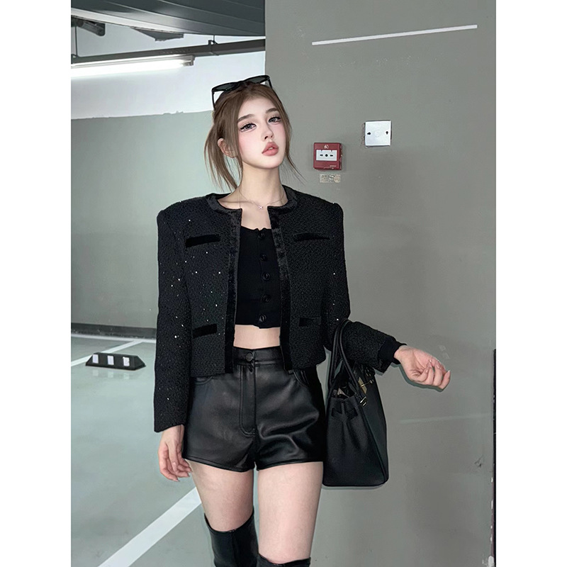 In-Stock Chanel-Style Shiny Sequin Patchwork Velvet Trim Loose Blazer Autumn French Elegant Slim-Fit Short Jacket