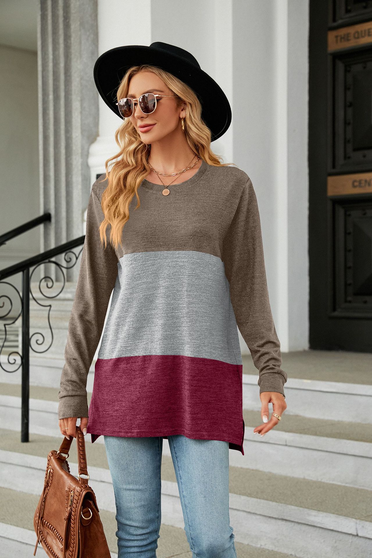 V-neck Long Sleeve Patchwork T-shirt Top - Image 3
