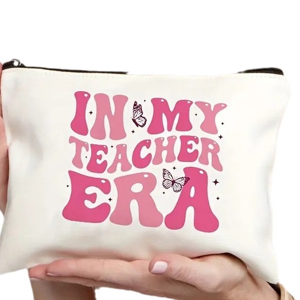 Bolsa de cosméticos Temu rosa con letras de lino, estampada por ambos lados, bolsa de almacenamiento multifuncional con cremallera para mujer, moderna y práctica.