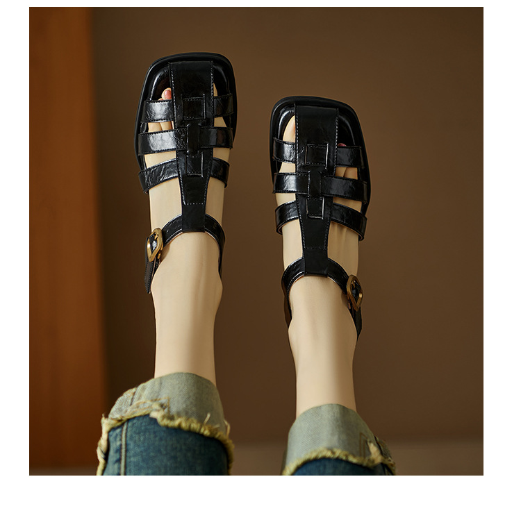 Sandal bít mũi nữ da thật kiểu Pháp cổ điển, gót trung dệt rỗng — Màu nâu, Màu đen, Màu trắng be chi tiết 21