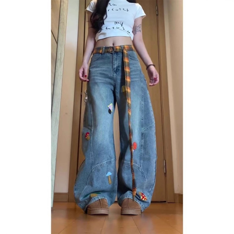 牛仔裤女秋季vibe风蘑菇图案毛巾绣阔腿裤设计感格纹腰带弯刀裤潮|undefined