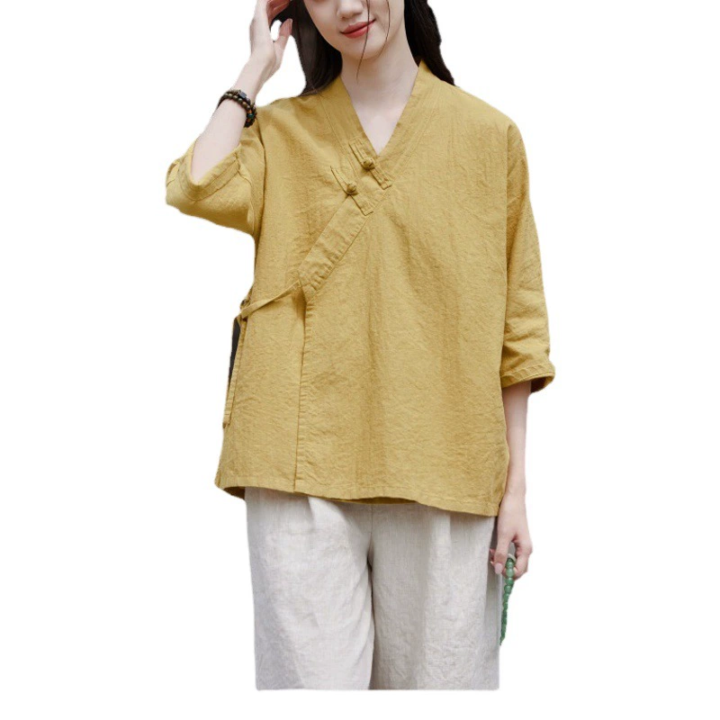 Женский летний новый топ из хлопка и льна с v-образным вырезом и боковым пуговицами, с короткими рукавами и пуговицами, женский тонкий улучшенный чайный костюм династии Хань на шнуровке