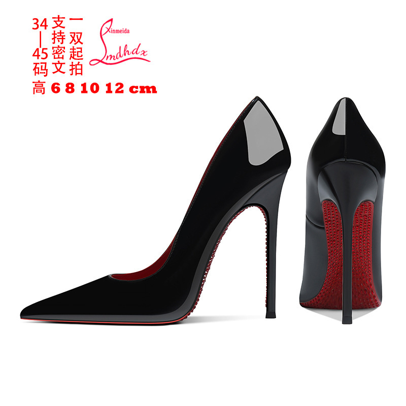 12cm Rhinestone Red Bottom High Heels Women's Stiletto 2025 Summer New Sexy Black Patent Leather Soft Bottom Pointed Single-layer Shoes