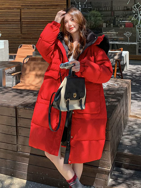 Winter red down jacket with hood, Korean style, plus size