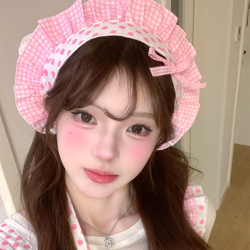 粉红厨娘波点格子春夏新款花边头巾发夹女甜美拍照道具lolita发饰|undefined