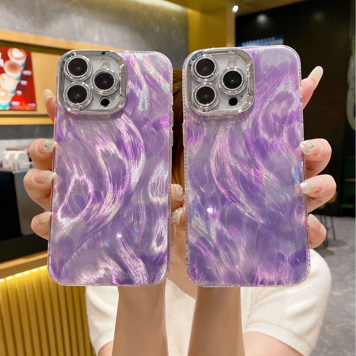 紫色羽纱iphone15手机壳水钻镜头膜苹果14promax双面覆膜软边适用