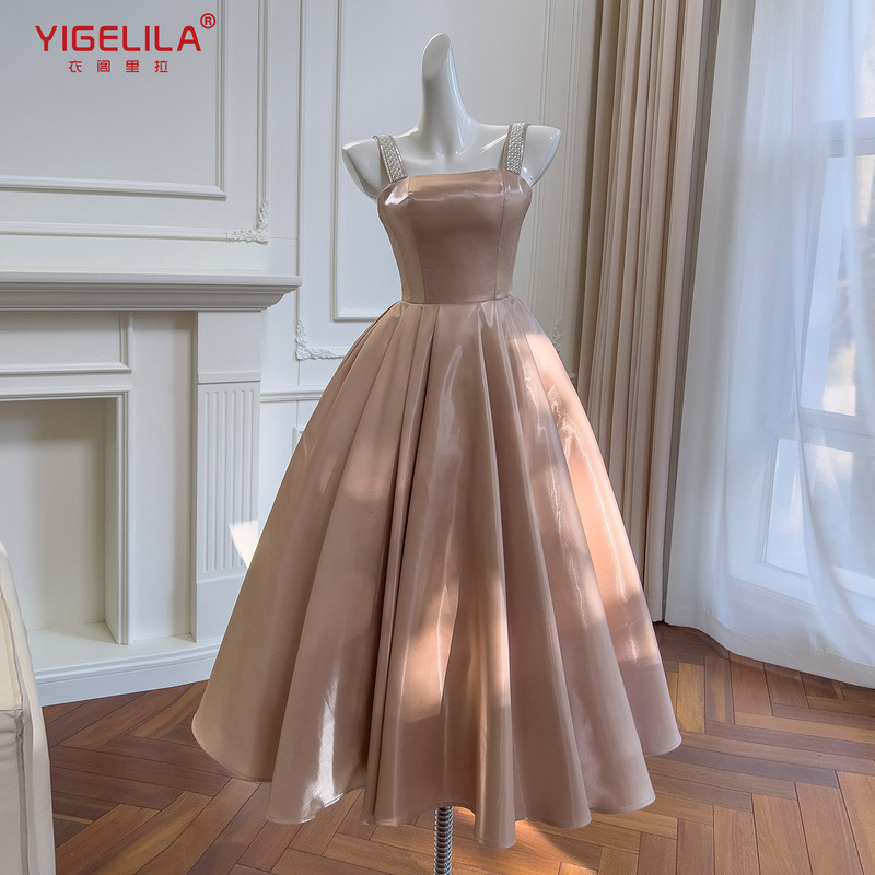 French Retro Palace Style Glitter Satin Pearl Suspender Dress Princess Tutu Skirt Waist Long Skirt 69454