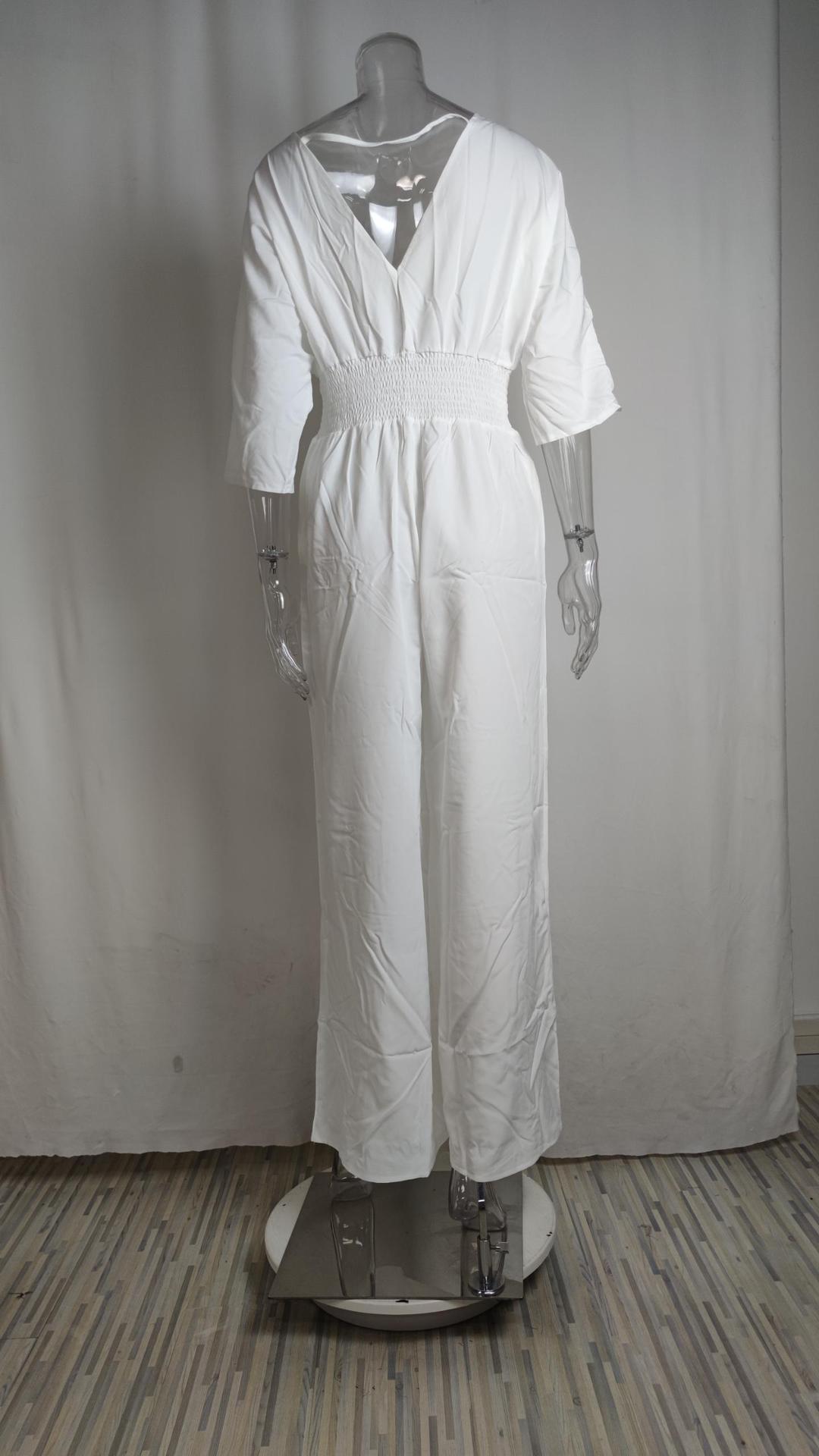 Women's Clothing 2024 plus size women's clothing ins wide leg solid color V neck simple fashion jumpsuit_voghion.com