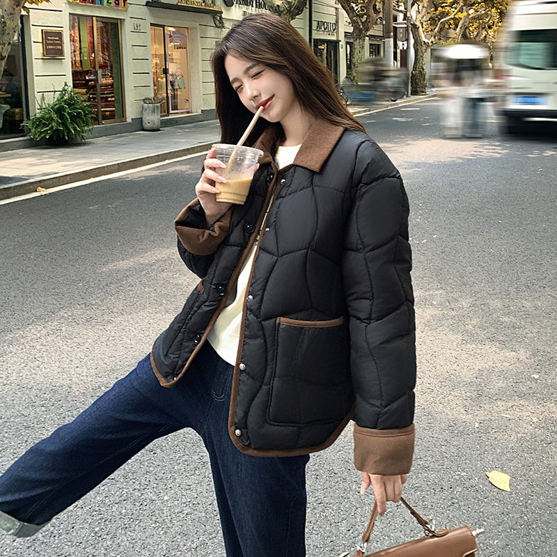 Moda coreana de color contrastante de lana de lana empalmada abrigo de algodón de invierno femenino retro suelto delgado abrigo de algodón cálido image 4