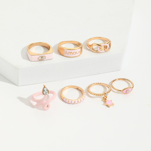 Ins style pink oil drop diamond glasses ring 7 pieces chain snake star pendant ring set