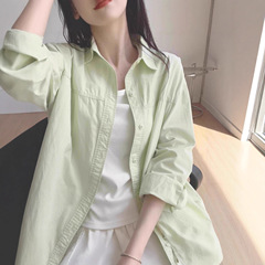2025新款多巴胺奶绿色棉衬衫女夏季叠穿宽松衬衣外套外穿防晒上衣