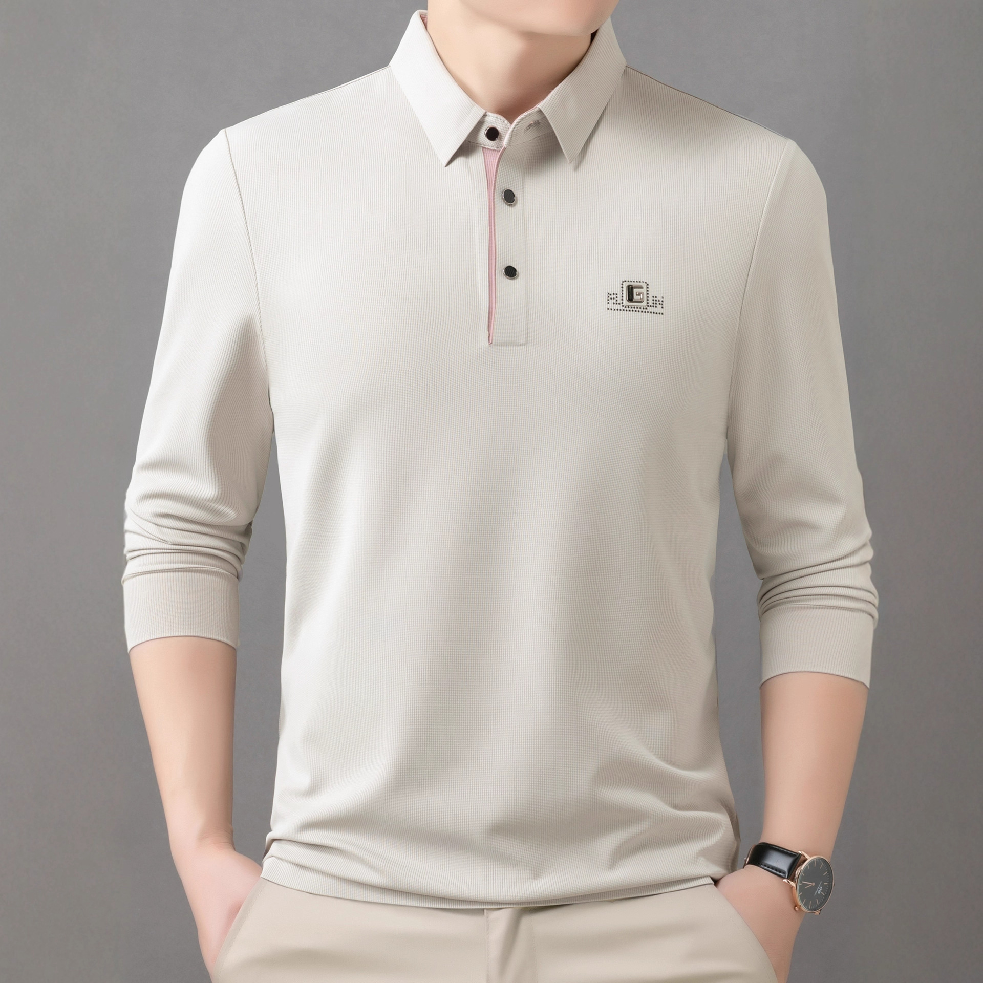 Autumn New Seamless Long-Sleeved Polo Shirt Middle-Aged Men's T-Shirt Pure Color Casual Versatile Bottoming Shirt Live Broadcast Hot Style
