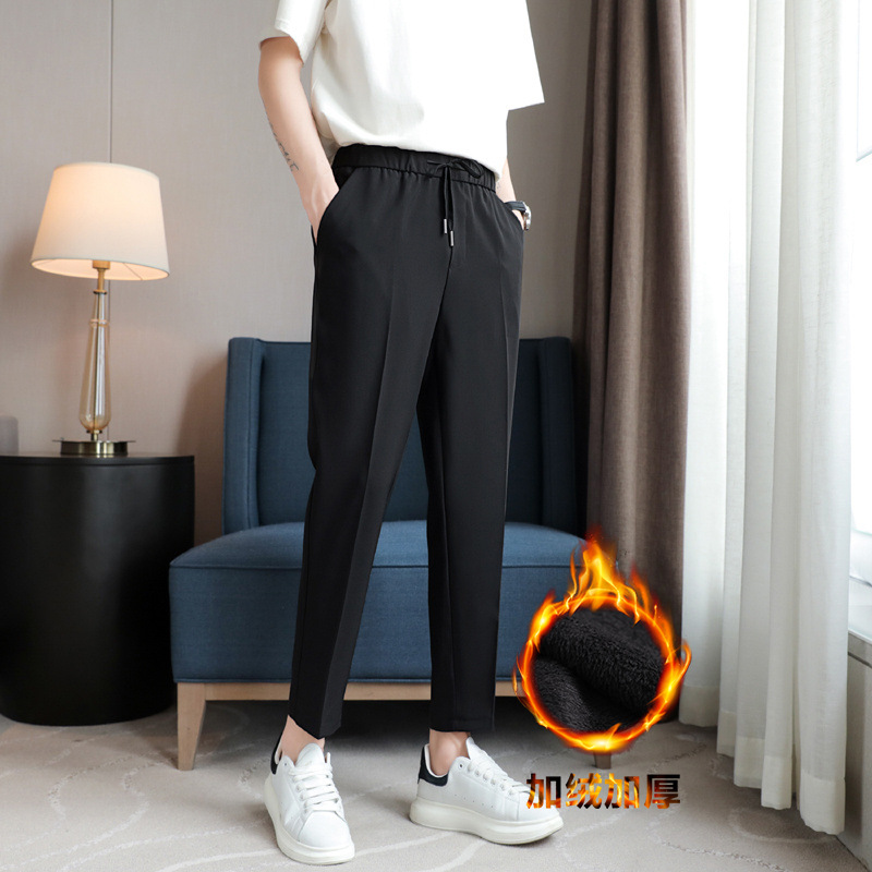 Men's Autumn and Winter fleece-lined Pants with Padded Pendant and Pendant Style Straight Trendy Brand Casual Pants with Small Feet Tether Pants