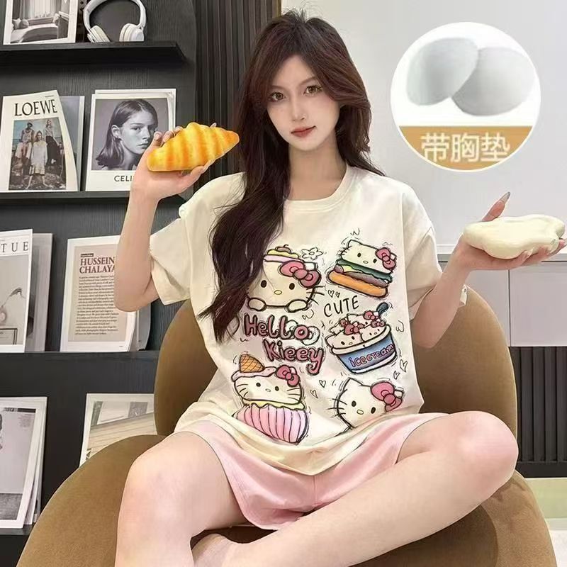 Cross-Border Packaging Special Price Popular Pajamas with Breast Pads for Women, Short-Sleeved Shorts, Summer Home Clothes, Cloud Cotton Suits for Outer Wear