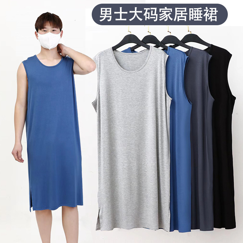 Men's Nightgown Summer Cool Modal Sleeveless Vest Dress Thin Nightgown Robe Pajamas Home Bathrobe Dress