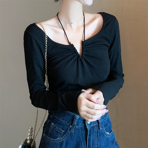 Pure Desire Hot Girl Long Sleeve T-Shirt Women Design Fitted Revealing Collar Slimming Base Top for Women