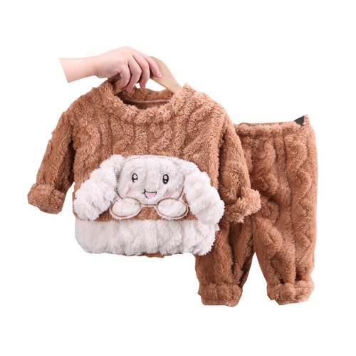 0-5 years old children's pajamas two-piece set winter cute girls thickened flannel warm cotton jacket home clothes set