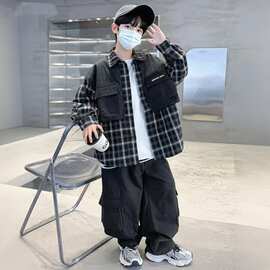 男童早秋装套装2026新款男孩秋季时尚洋气韩版格子衬衫休闲两件套