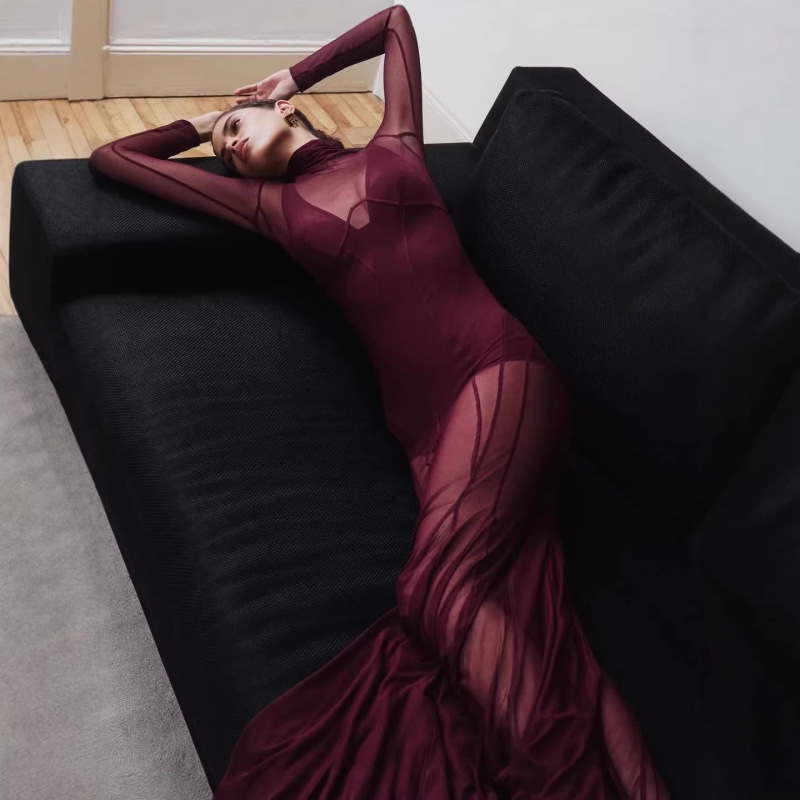 In stock | Burgundy High-Neck Mesh Gown with Fishtail Hem, Evening Party Long Dress with a Nightclub Vibe In stock | Burgundy High-Neck Mesh Gown with Fishtail Hem, Evening Party Long Dress with a Nightclub Vibe