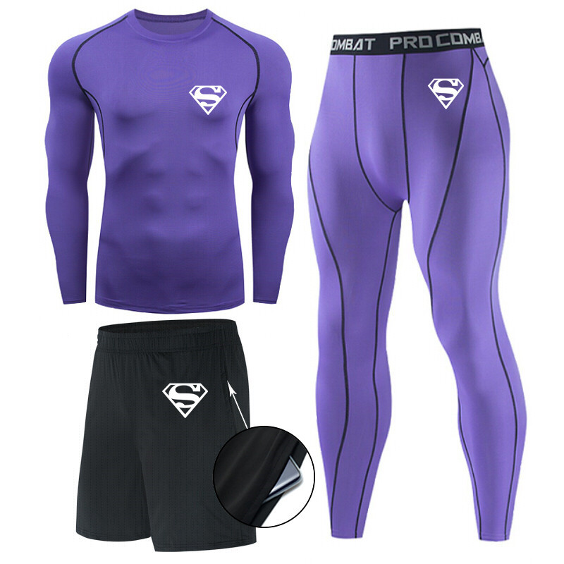 Traje de hombre de compresión de tres piezas de secado rápido medias de manga corta para correr traje deportivo ropa de entrenamiento de baloncesto gimnasio