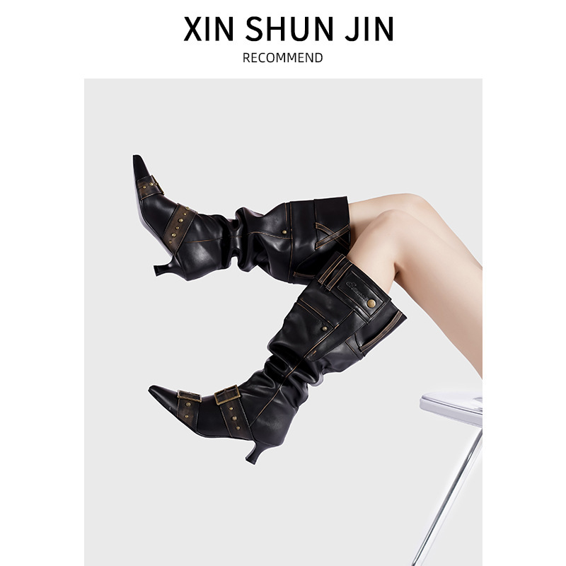 2025 New Heavy Industry Large Tube Fashionable Pile Boots Long Boots Pleated Fashion Retro Color Polished High Knight Boots