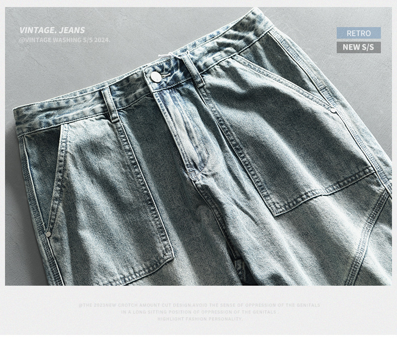 G7125 herren retro gewaschen denim freizeithose, ein stück für haar ersatz_voghion.com