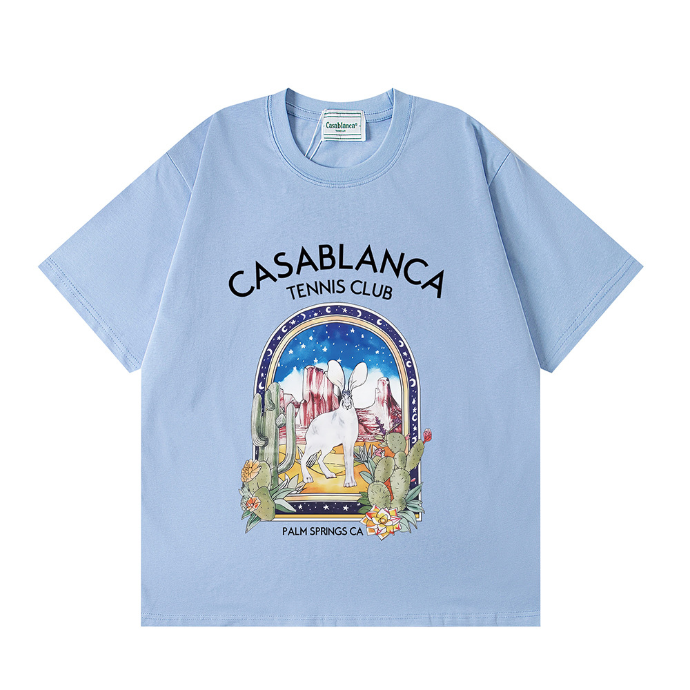 Transfronterizo 2024 primavera y verano nuevo estilo Casablanca Casablanca LOGO estampado hombres y mujeres camiseta suelta de manga corta