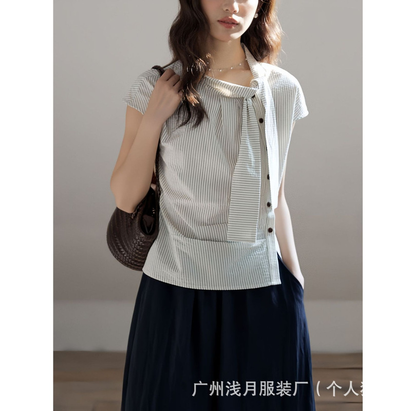 Mixbao Daily Vertical Striped Short-Sleeve Shirt for Women, Summer Cotton Asymmetrical Design with Bow Tie Collar and Raglan Sleeves Top Mixbao Daily Vertical Striped Short-Sleeve Shirt for Women, Summer Cotton Asymmetrical Design with Bow Tie Collar and Raglan Sleeves Top