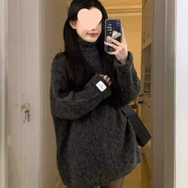 韩系慵懒风软糯高领中长款毛衣女秋冬季小个子感百搭宽松上衣