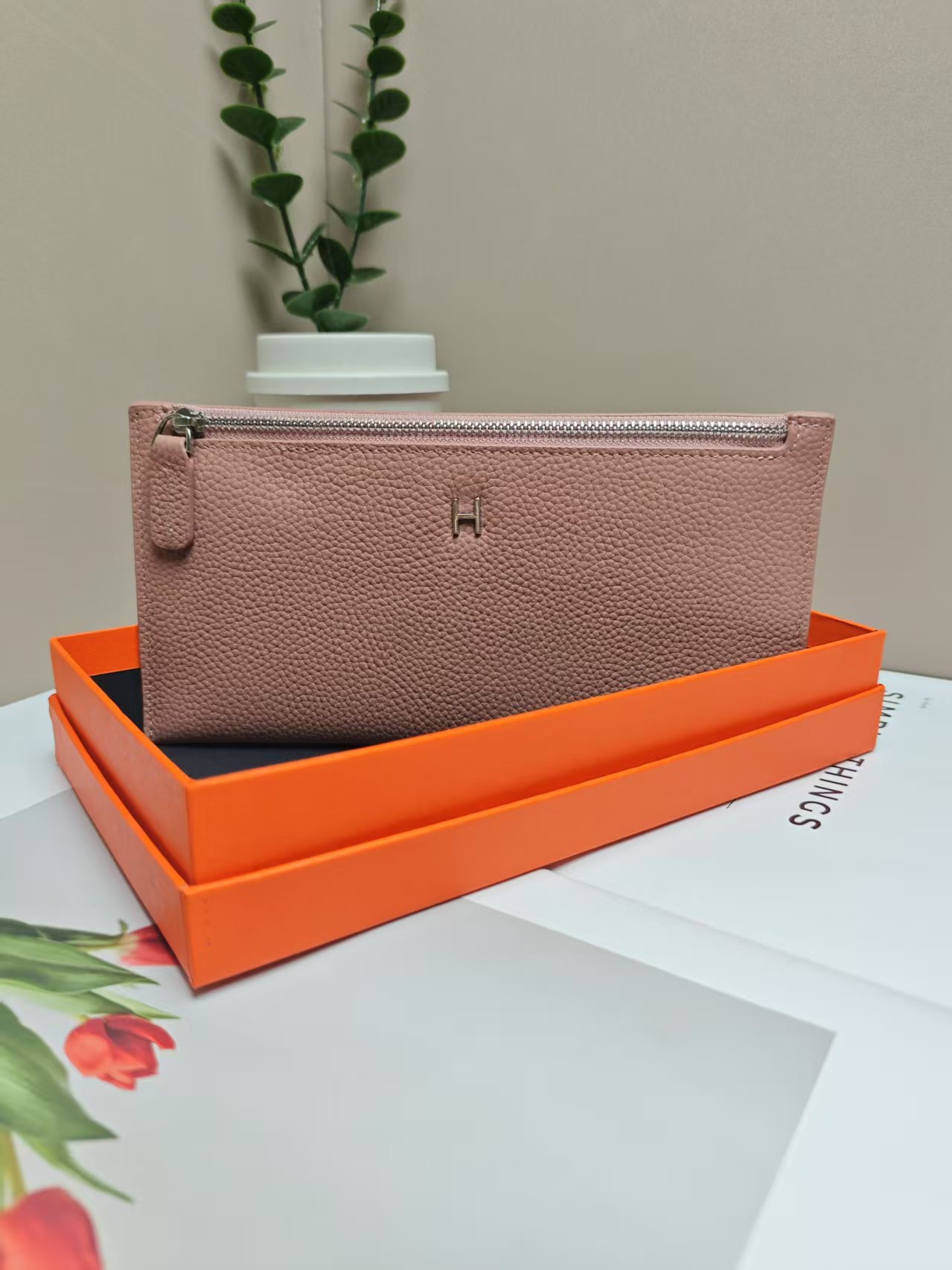 Fuchsia wallet, box, genuine leather