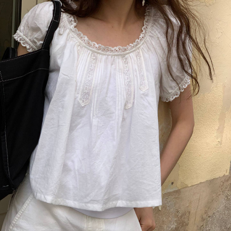 Pre-Sale 2026 Summer New Korean Style R*Ibbonbit Cotton Lace Splicing Puff Sleeve Round Neck Shirt Top